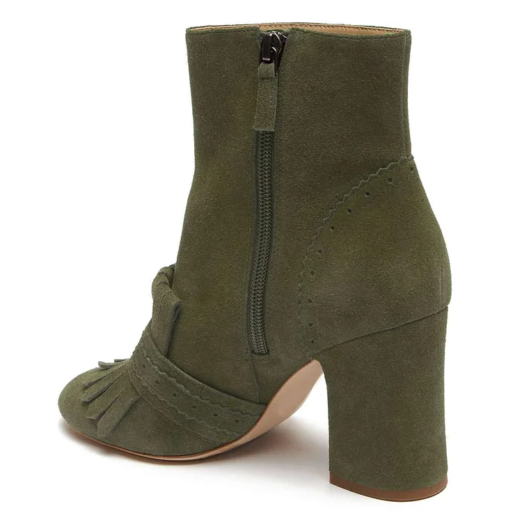 Green Suede Fringe Chunky Heel Boots |FSJ Shoes