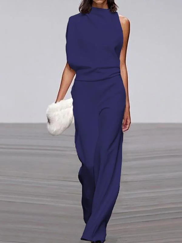 Solid color one-shoulder pile collar jumpsuit