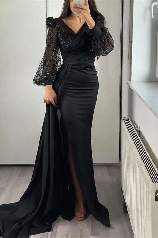 Jet Black Satin And Tulle V-Neck Long Sleeves Long Mermaid Prom Dress With Pleated And High Split | PD0903 Wellcucu