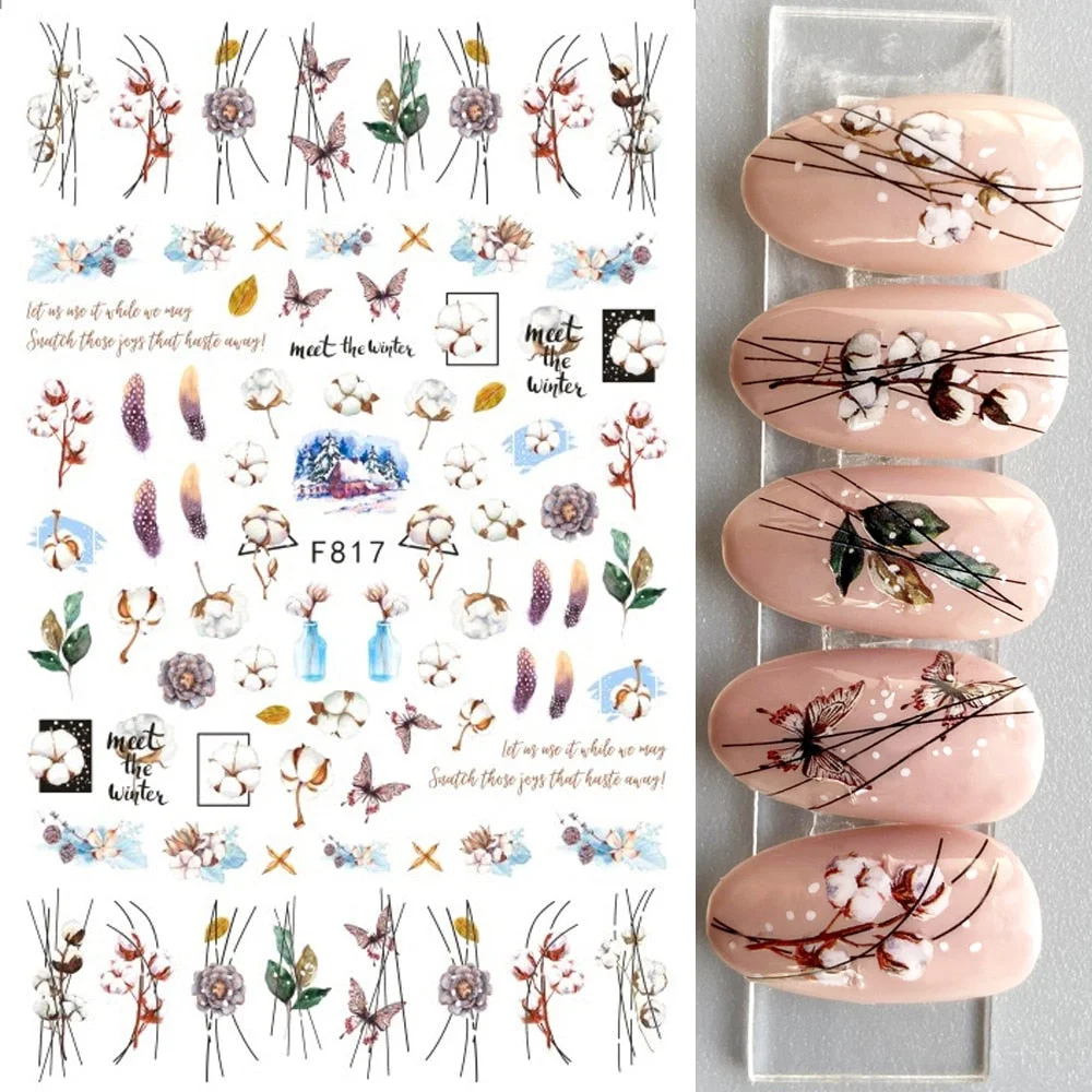 1PC 3D Nail Stickers Decals Spring Flowers Fall Leaves Geometrics Lines Leaf Decals Slider For Nails Nail Art Decoration