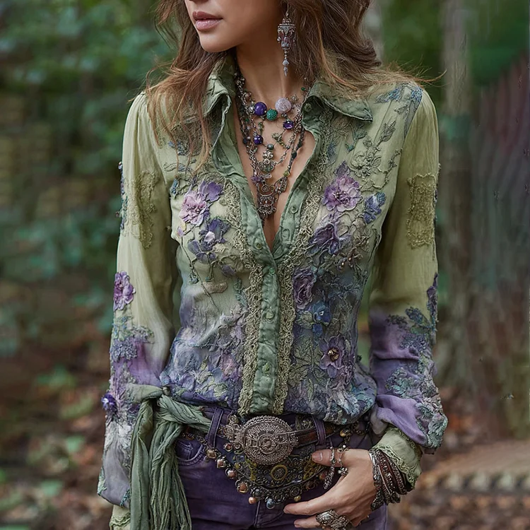 Vintage Purple Lavender And Floral Embroidered Linen Shirt