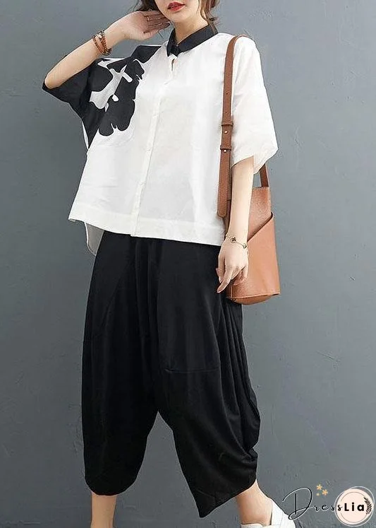 Organic White Print Black Harem Two Pieces Set Summer Cotton Linen