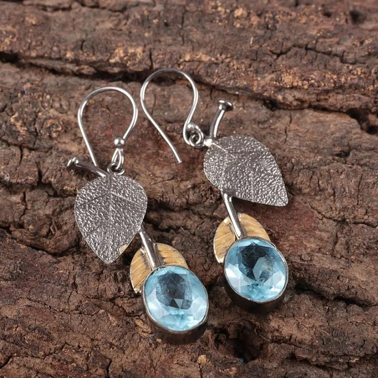 Vintage Plant Leaf Sky Blue Crystal Earrings