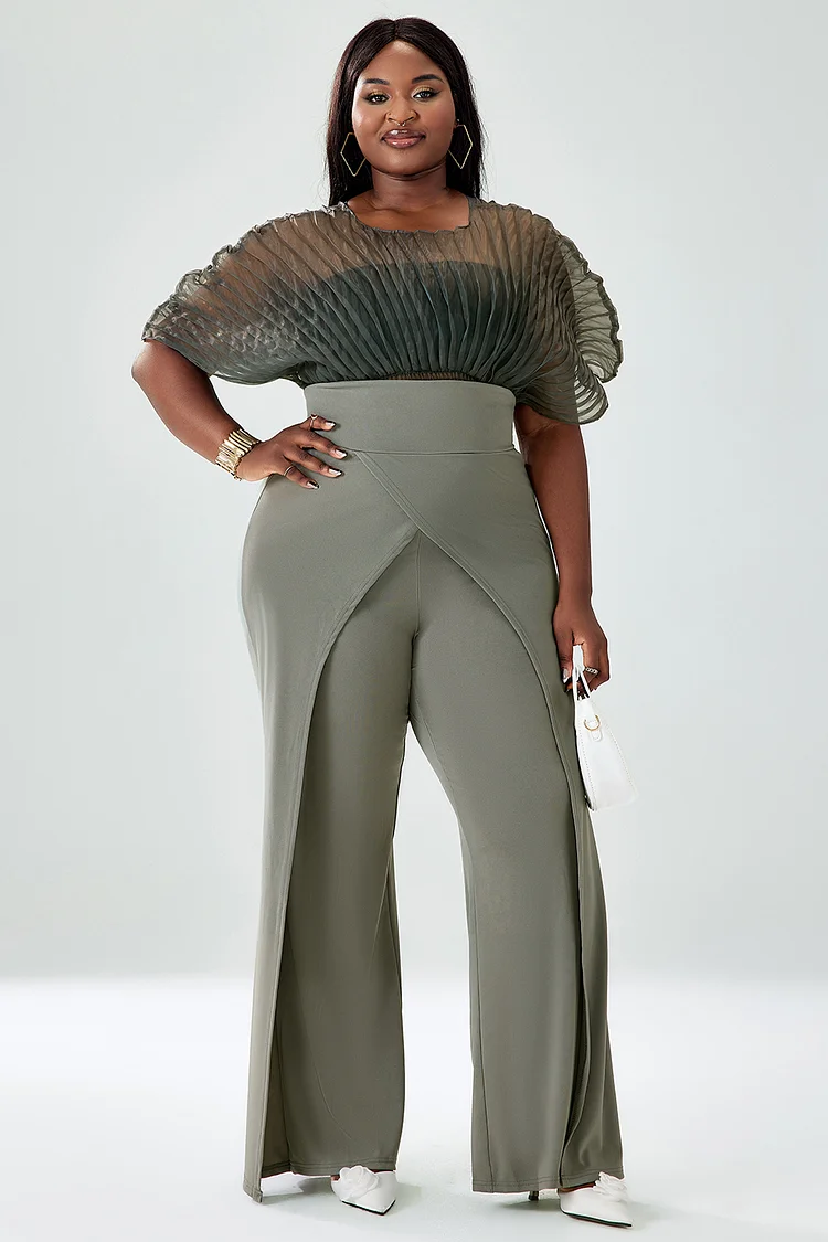 Xpluswear Design Plus Size Semi Formal Pant Set Army Green Mesh Tulle See-through Puff Sleeve Two Piece Pant Sets 