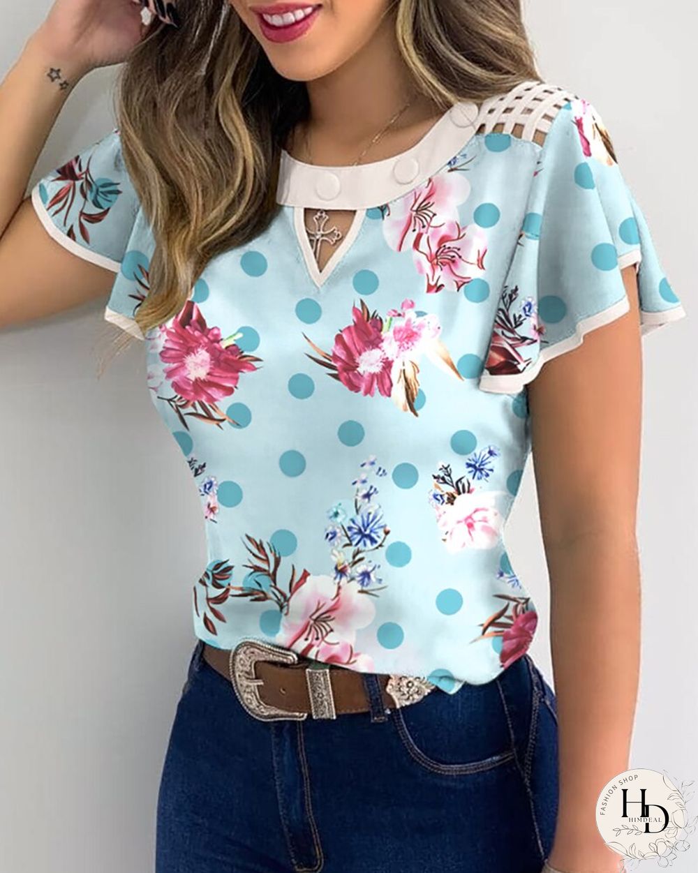 Womens Fashion Elegant Casual Floral Hollow Out Blouse Striped Colorblock Sheer Mesh