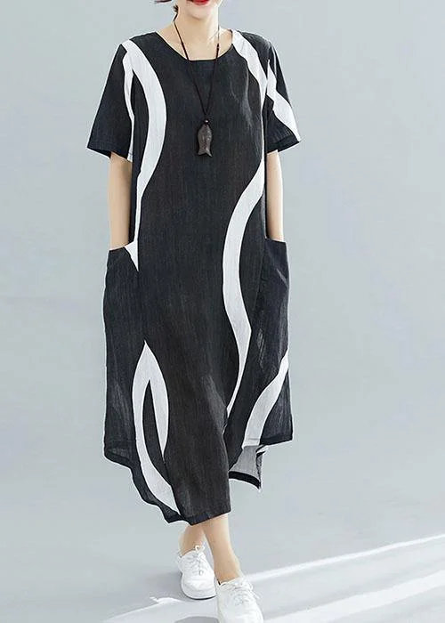 Chic black striped Chiffon quilting clothes o neck asymmetric Kaftan summer Dress