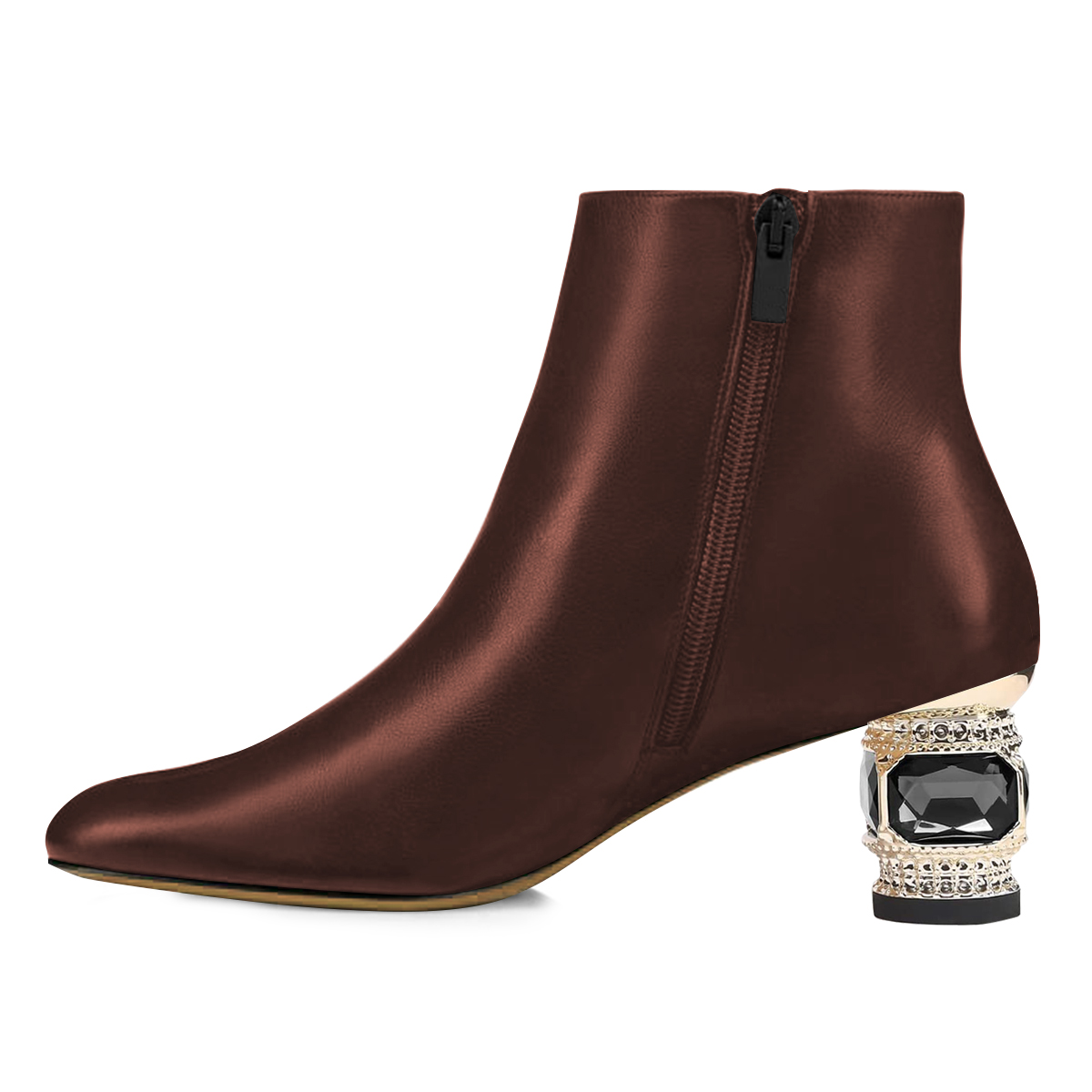 Brown Pointed Toe Decorative Heeled Shiny Side-Zip Ankle Boots Nicepairs