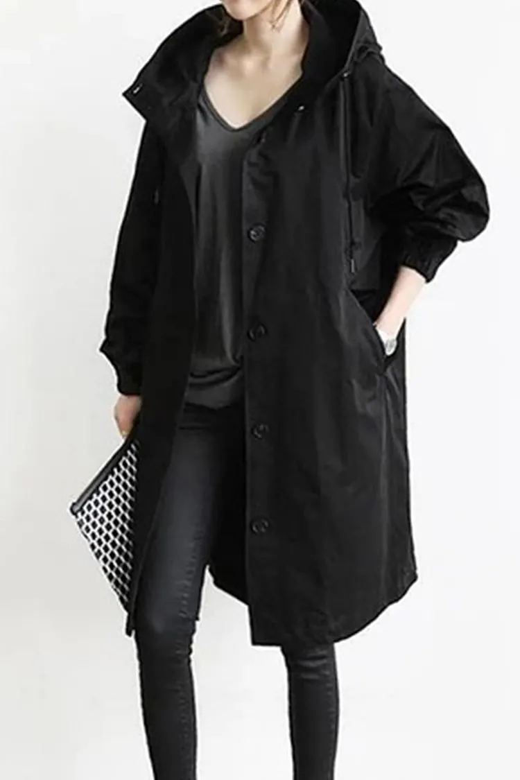 British Style Solid Pocket Buttons Hooded Collar Outerwear