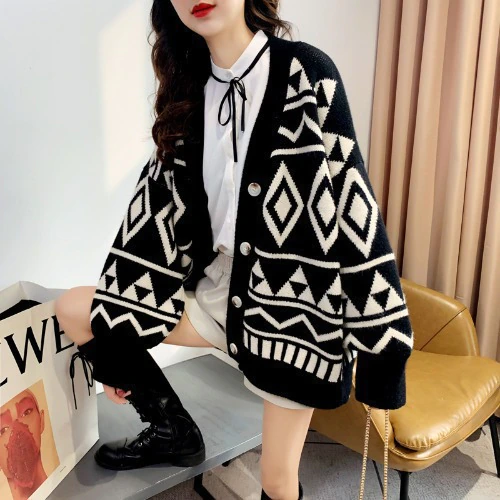 Woman Geometric Rhombus Knitted Mid-Length Cardigan