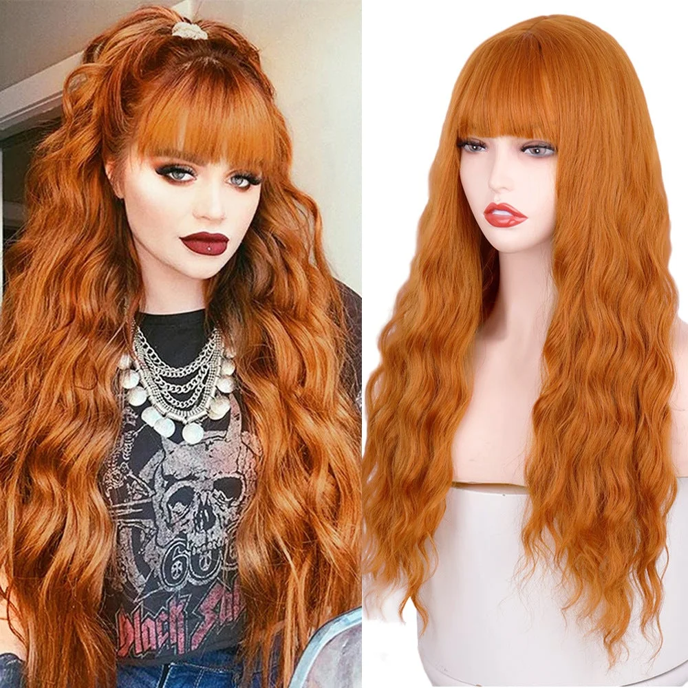 Qi Bangs Long Curly Wavy Chemical Fiber Wig Head Cover