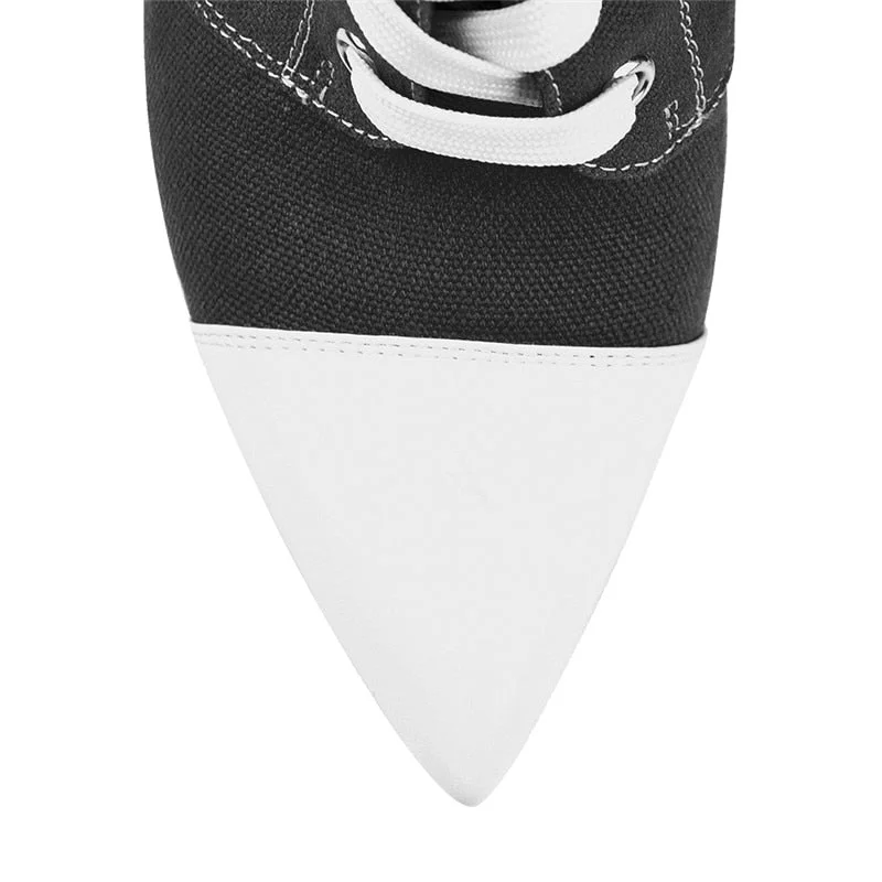 Onlymaker Women's Pointed-toe Lace Up Canvas Boots 10CM Thin High Heel Side Zipper Blue Long Boots Plus Size US5~US15