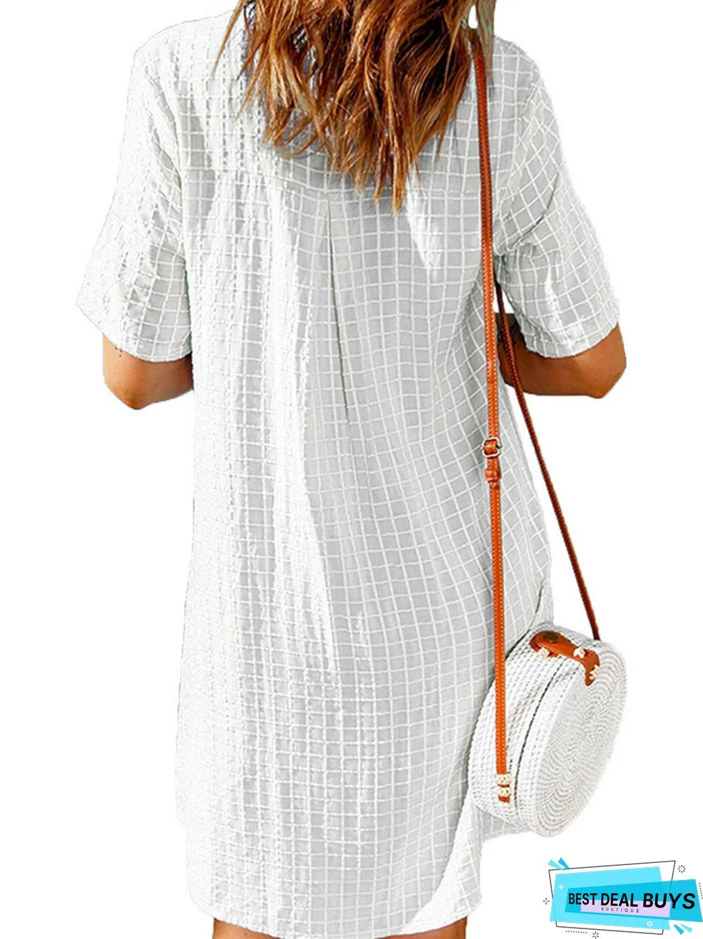 Women's Casual Shirt Short Skirt Lapel Plaid Loose Short Sleeve Dress White Dress
