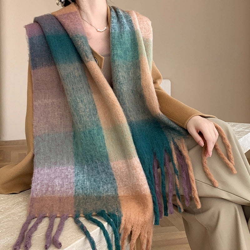 Rainbow Plaid Tassel Scarf For Women Autumn And Winter Famous Color Matching Cashmere Mohair Shawl Thickened Scarf