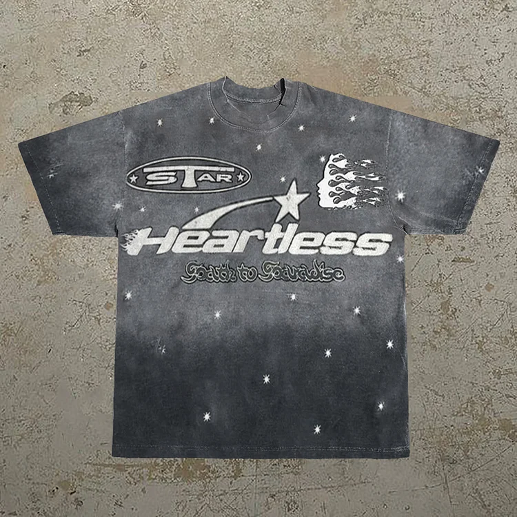 Retro Fashion Heartless Graphic Acid Washed Short Sleeve T-Shirt