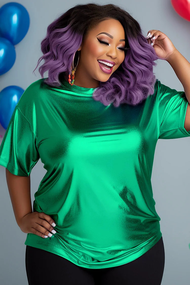 Xpluswear Design Plus Size Party Casual Silver Spring Summer Round Neck Short Sleeve Metallic T-Shirts 2024 - Xpluswear