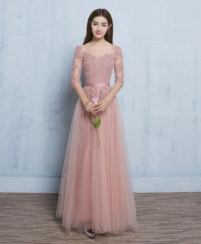 Pink Round Neck Tulle Lace Long Prom Dress, Pink Bridesmaid Dress