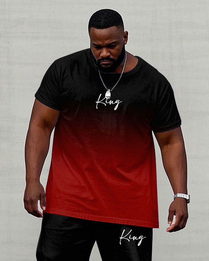 Men's Plus Size Red & Black Gradient Chest "king" Slogan Printed Short Sleeve T-shirt Pants Suit