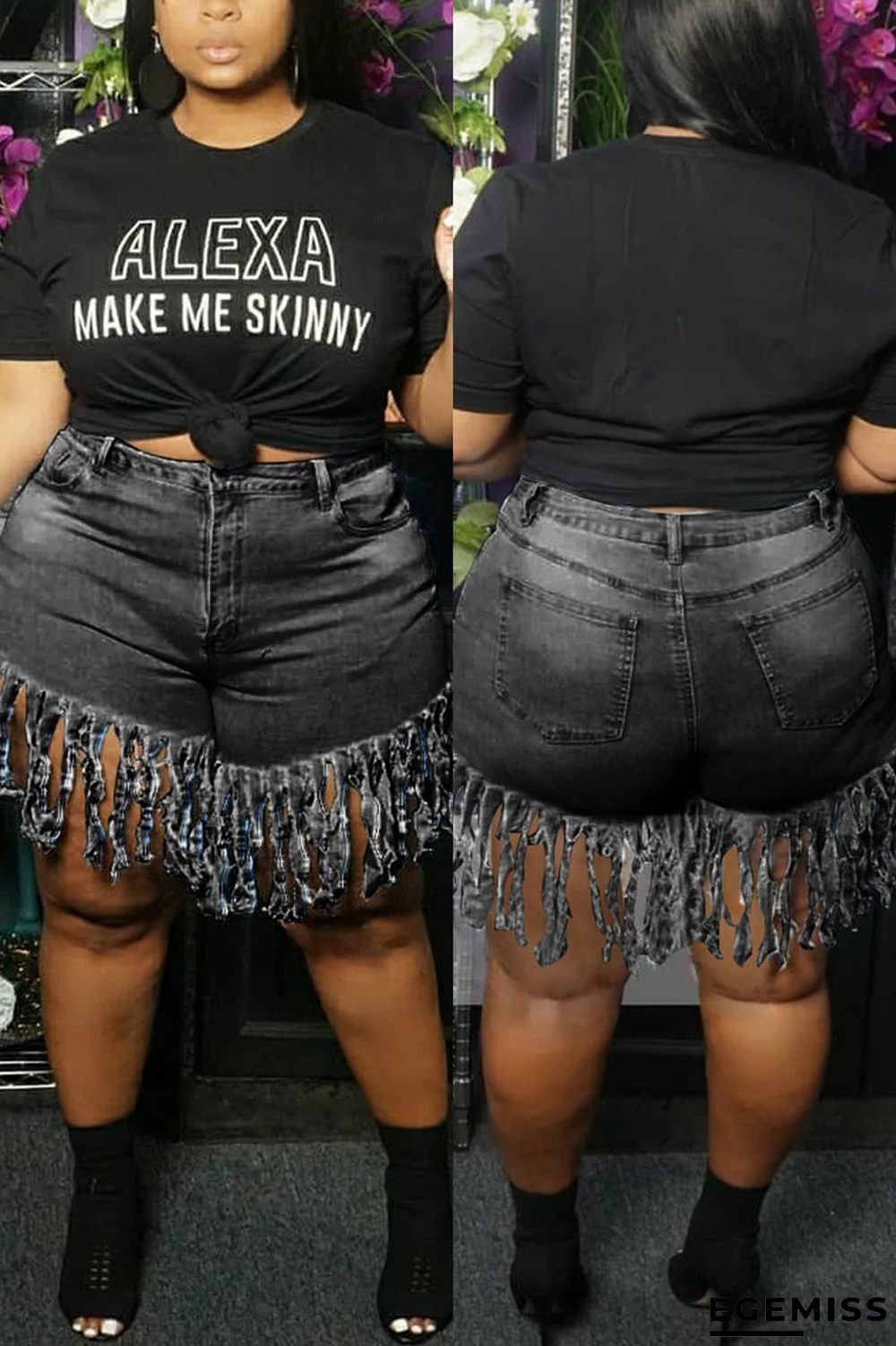Black Fashion Sexy Solid Tassel Plus Size Jeans | EGEMISS