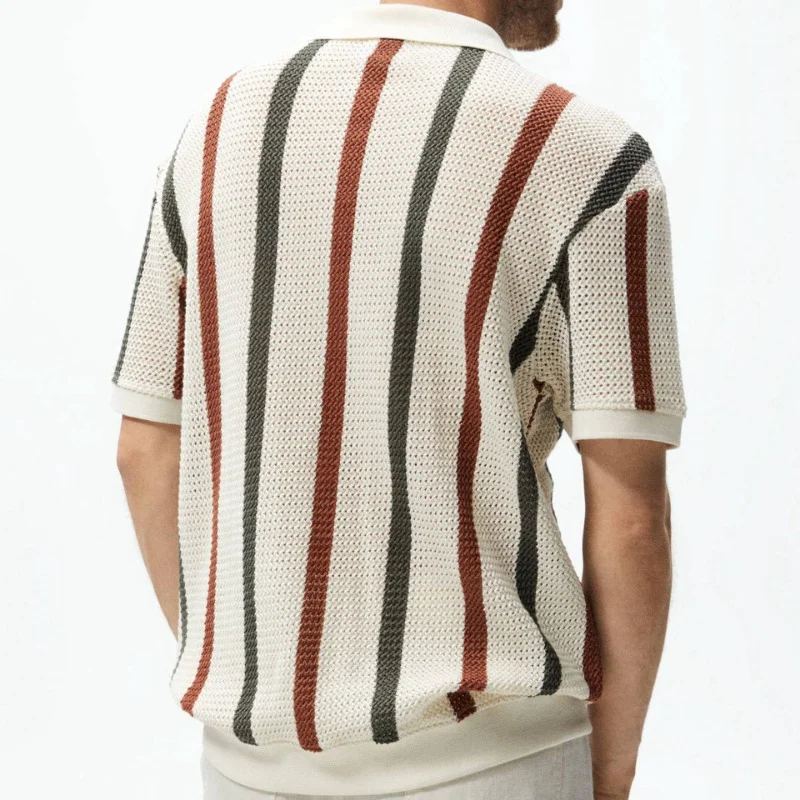 Men's Vintage Casual Thick Needle Hollow Knit Striped Contrast Wool Polo Shirt