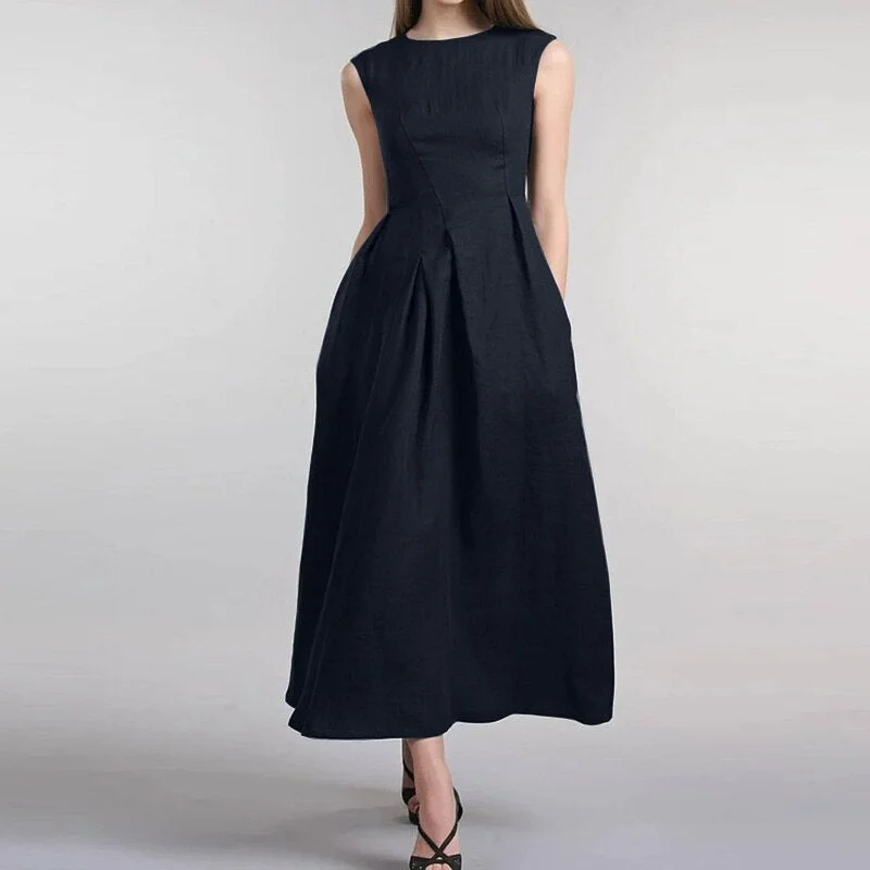 ZANZEA Elegant Women O Neck Sleeveless Midi Sundress Summer Fashion Solid Office Lady Dress Robe Femme Sarafans Vestidos Kaftan
