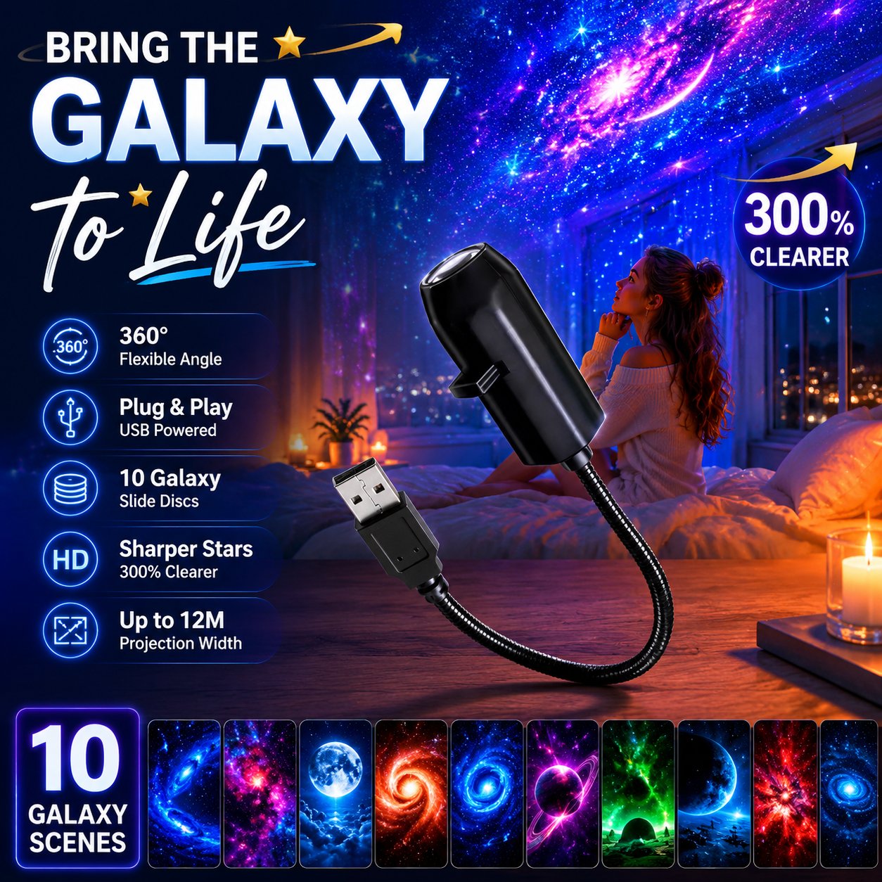 USB star projector creating an immersive galaxy projection effect