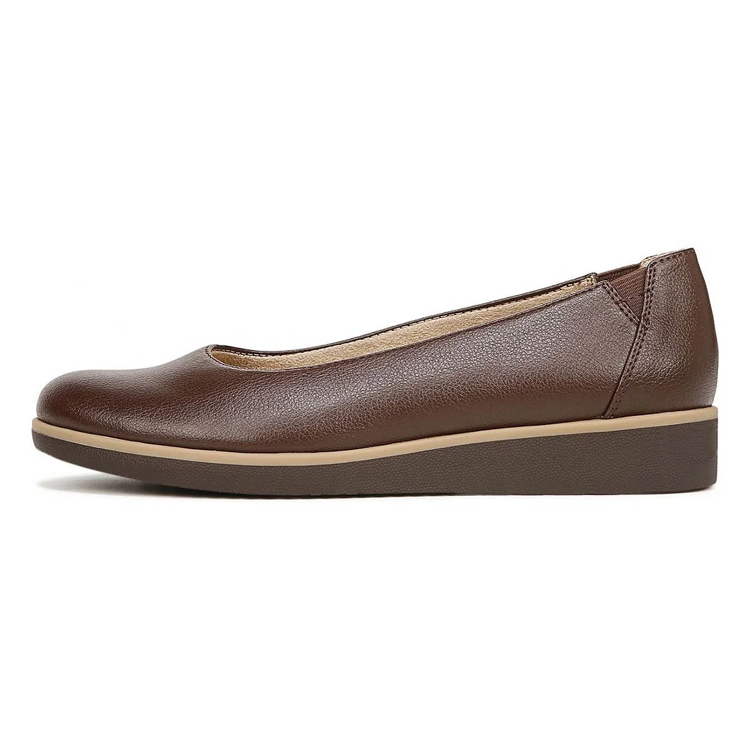 Brown Faux Leather Closed Round Toe Slip On Flat Shoes for Women