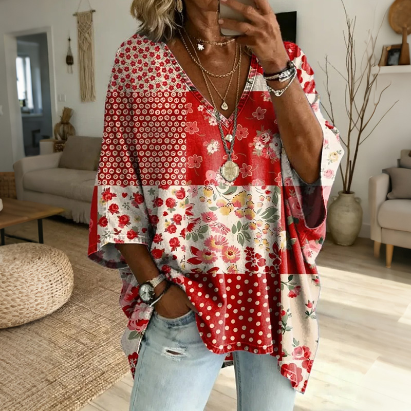Comstylish Women's Retro Patchwork Floral Art Print Casual Top