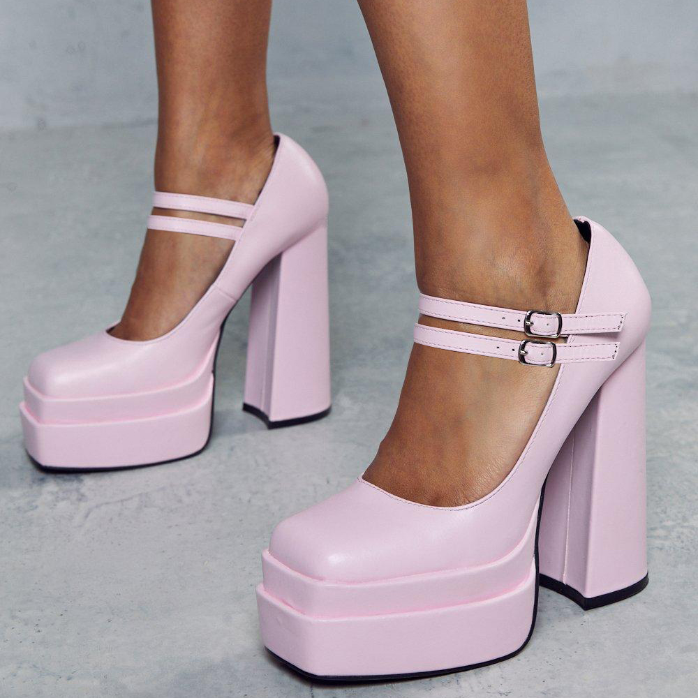 Women Mary Jane Square Toe Heels Block Heel Metallic Pumps