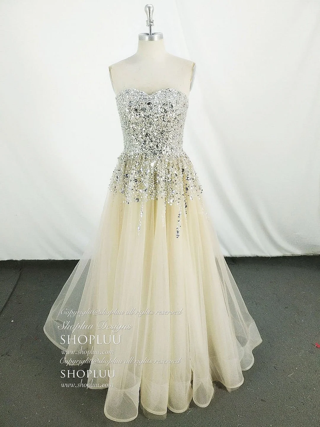 Champagne Tulle Sequin Long Prom Dress Tulle Evening Dress