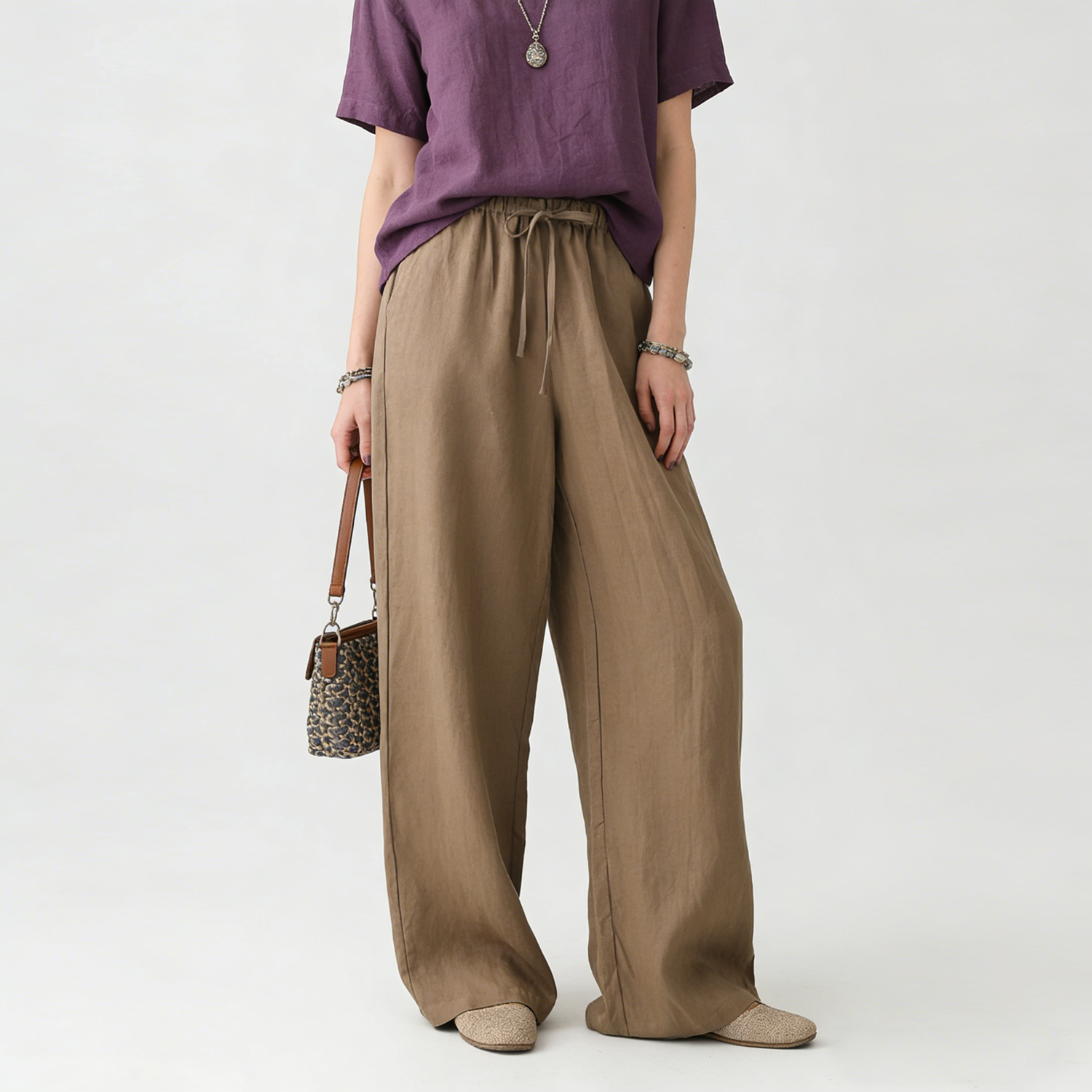 Linen Pants Women 100% Linen Drawstring Wide Leg Trousers Breathable Cooling REAL SILK LIFE
