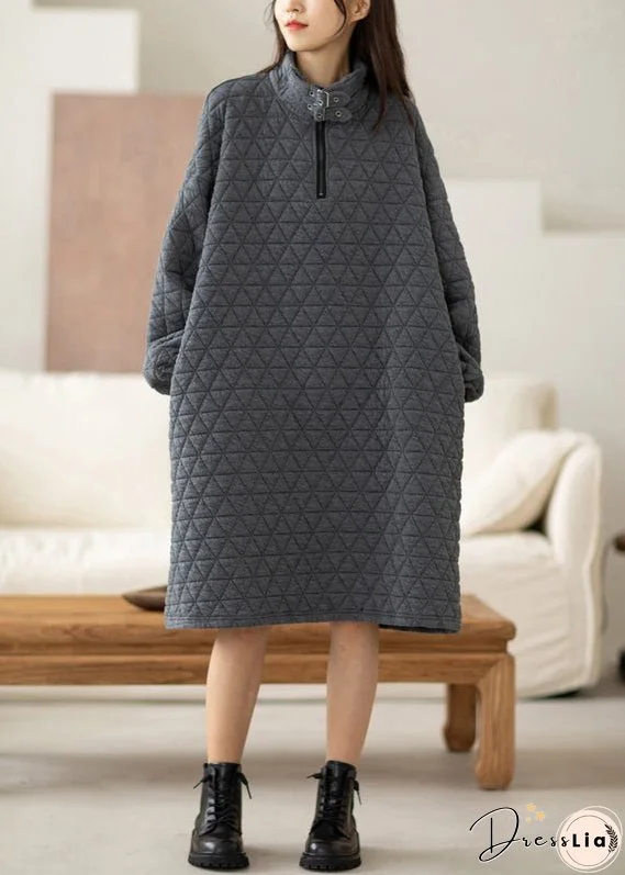 Grey Warm Cotton A Line Dress Stand Collar Oversized Spring