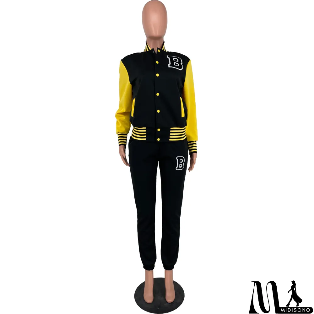 MidiSono - Women Letter Baseball Jacket and Pant Two-Piece Set