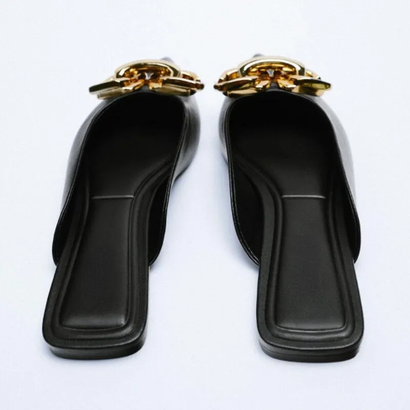 Fall New Women's Shoes Black Buckle Ornament Flat Slippers Grace Muller Shoes Pointed Asakuchi Flat Heel Female Half Slippers