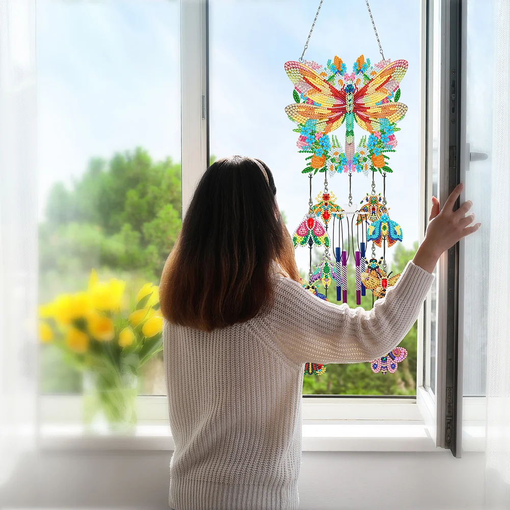 DIY Flower Dragonfly Double Side Wind Chime Diamond Art Hanging Pendant for Home Decor