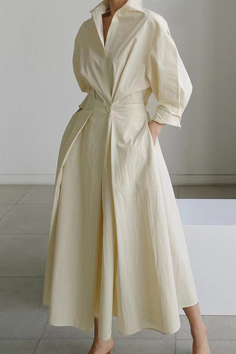 Plus Size Everyday White Cotton Shirt Collar Button Pocket Long Sleeve Midi Dress 2024 - Flycurvy 