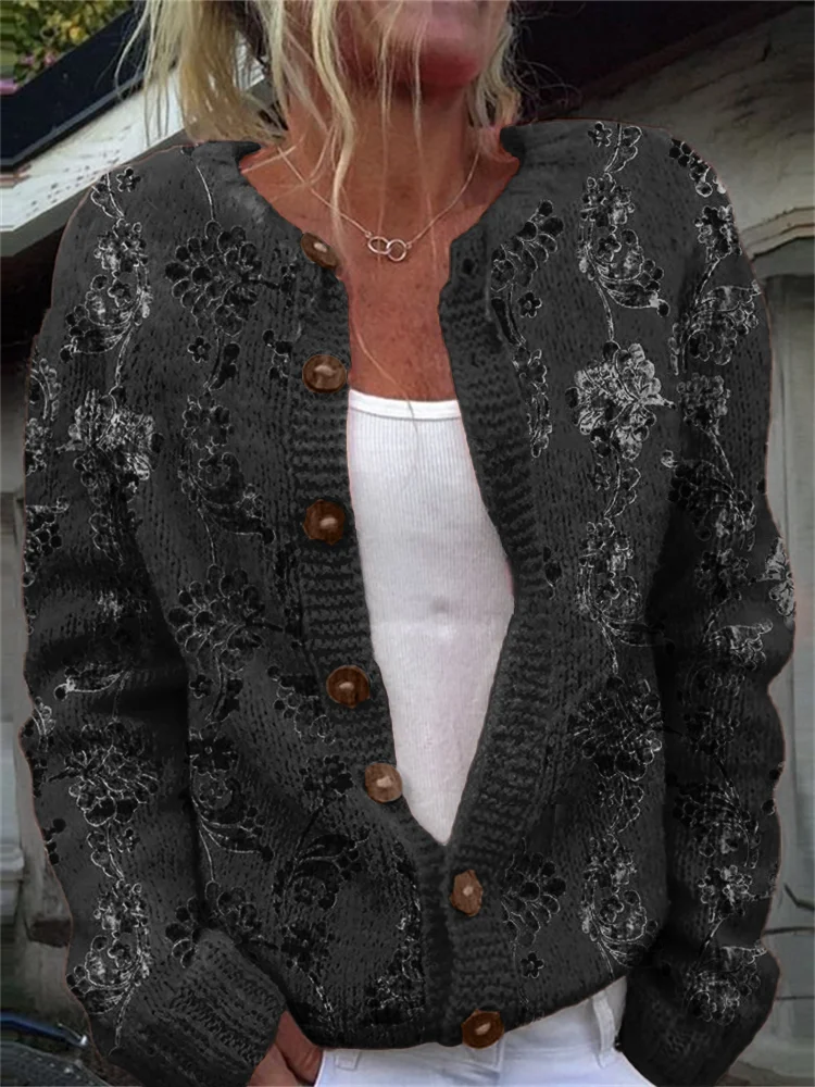 Classy Floral Velvet Art Cozy Knit Cardigan