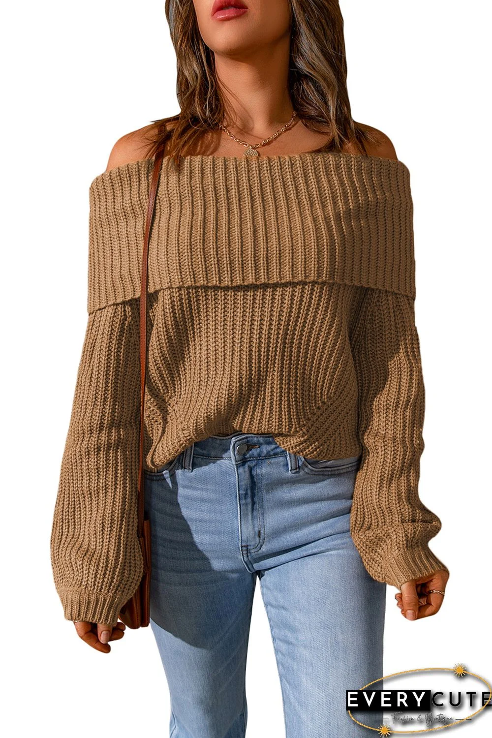 Khaki Ribbed Knit Foldover Off Shoulder Sweater