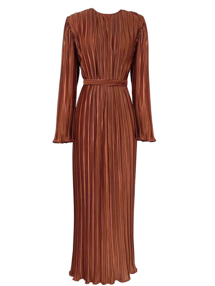 Ootddress Ruffled Lace-Up Ribbed Maxi Dress For Women Long Sleeve Fashion High Waist Elegant Party Dress Autumn Bandage Ladies Dress