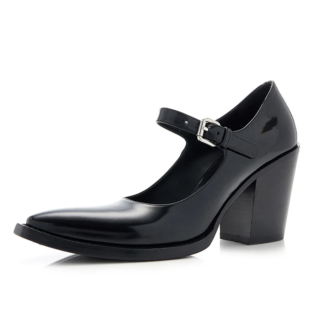 Black Patent Leather Snip Toe Buckle Fastening Strap Mary Janes