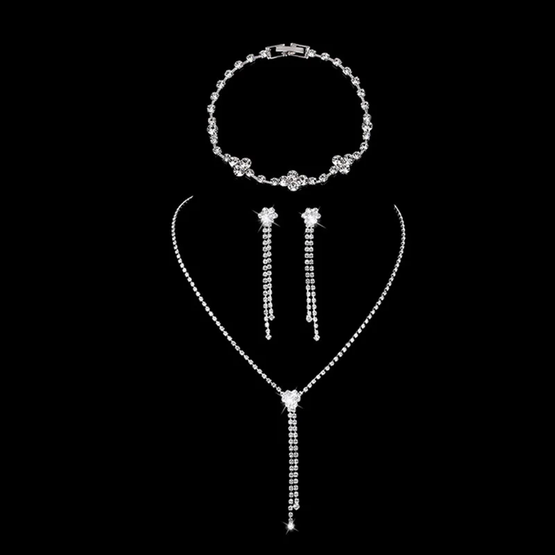 Rhinestone Tassel Drop Earrings Necklace Bracelet Set