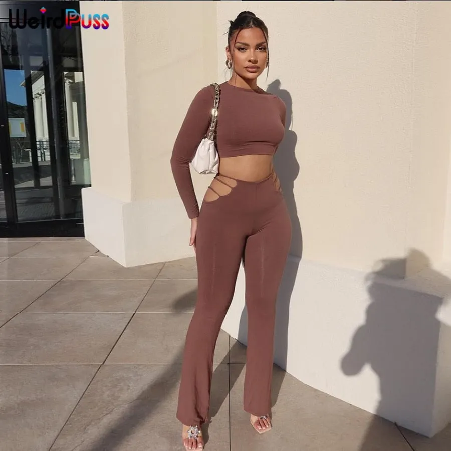 Weird Puss Two Piece Set Women Solid Skinny Stretchy Crop Top+Slit Hollow High Waist Pants Matching Chic Streetwear Slim Outfits