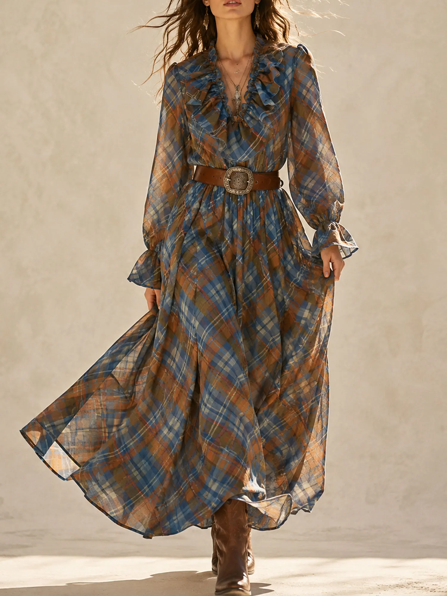 Elevate Your Western Chic Street Style &mdash; 2026 Autumn Woman&rsquo;s Blue Plaid Lantern Sleeve Layered Hem Lightweight Maxi Dress (No Belt）
