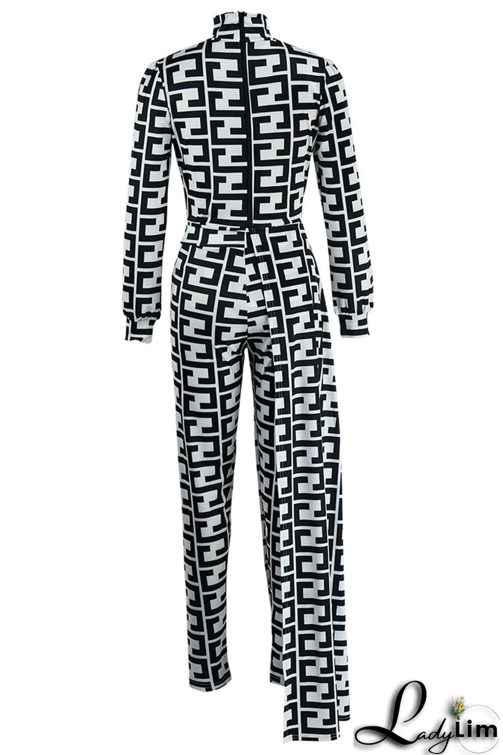 Black And White Casual Print Asymmetrical Half A Turtleneck Long Sleeve Two Pieces