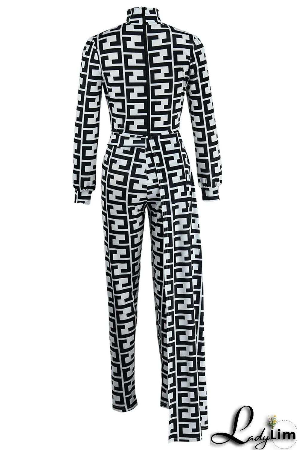 Black And White Casual Print Asymmetrical Half A Turtleneck Long Sleeve Two Pieces