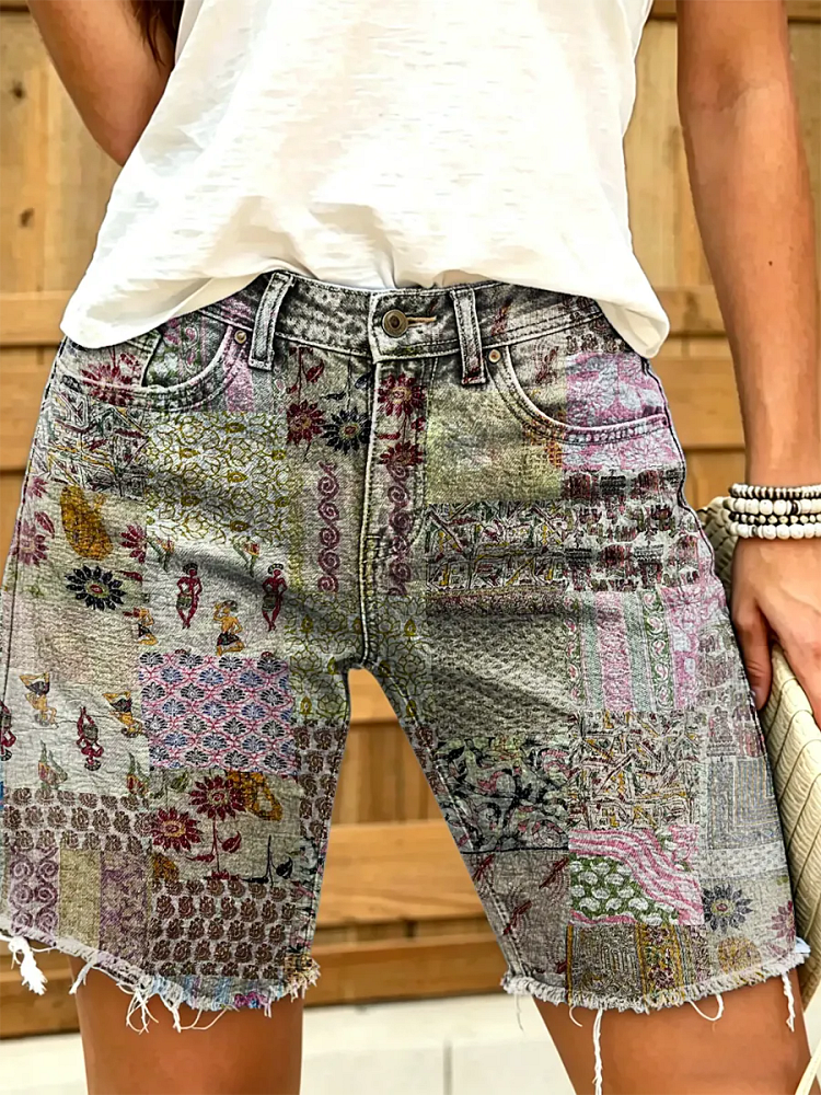 Women's Boho Folk Print Patchwork Denim Shorts