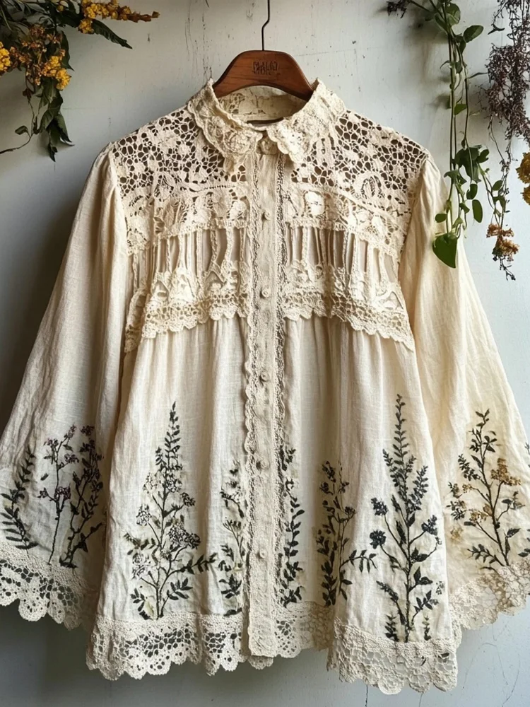 Lunivibe Vintage Floral Embroidered Linen Blend Lace Blouse