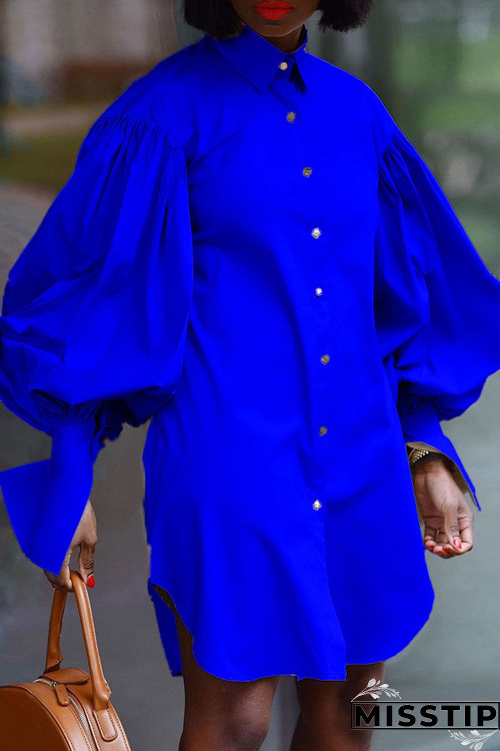 Blue Fashion Elegant Solid Patchwork Fold Turndown Collar Tops