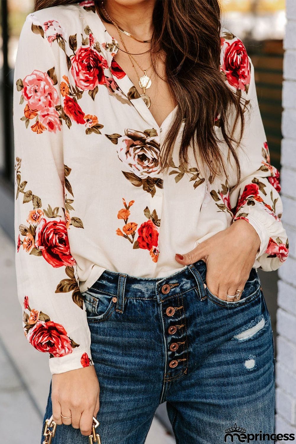 Beige Floral Print V Neck Button Down Blouse