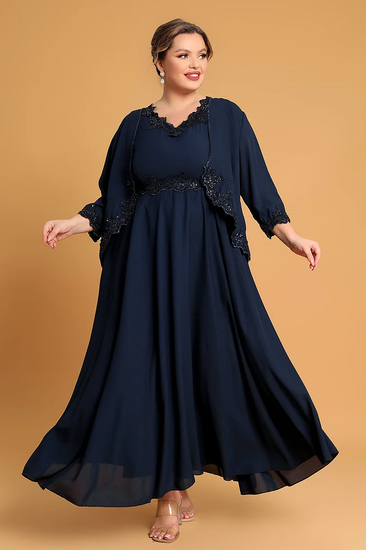Flycurvy Plus Size Mother Of The Bride Navy Blue Beading Appliques Lace Sequins Two Pieces Maxi Dresses