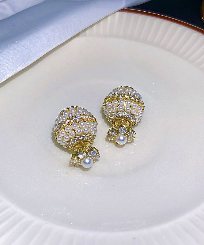 VCSHOES Gold Copper Overgild Zircon Pearl Ball Stud Earrings